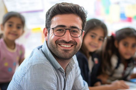 A happy male teacher in class, a Photo by Pavel_design