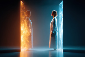Woman between glowing portals, an Abstract Photo by AlyaAnd