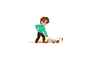 Young boy raking autumn leaves in, an Illustration by pikepicture