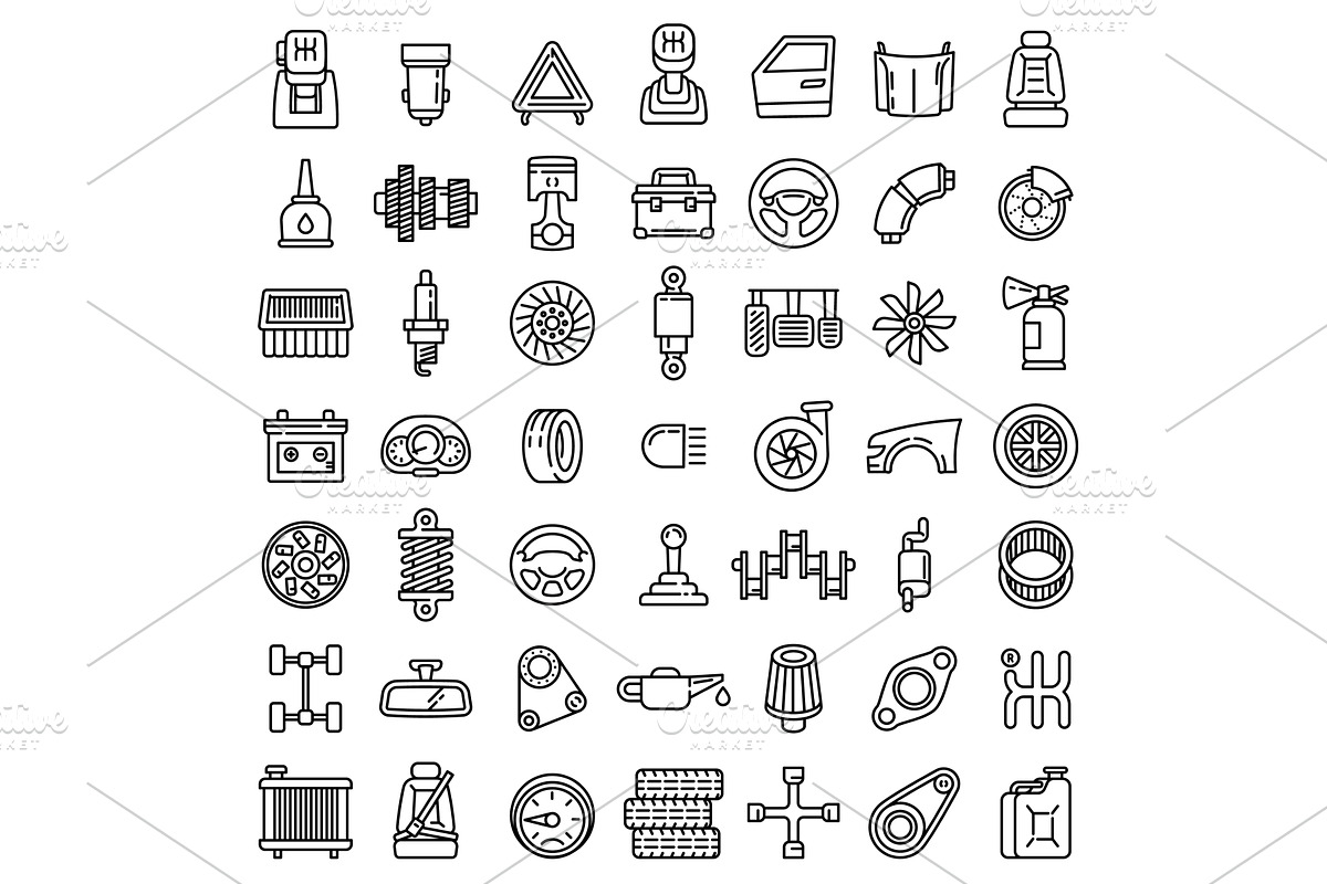 Car parts icons set, outline style, a Technology Illustration by Ylivdesign