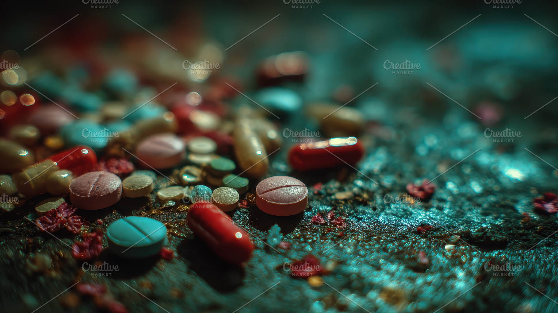 Assorted pills scattered on dark sur, a Photo by Pixeness Studio