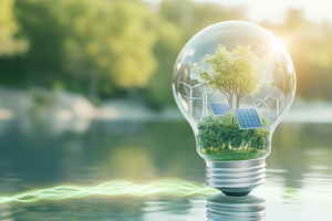 Eco concept for earth day with lightbulb, wind turbines and sola, a Photo by Dvoevnore photos