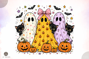Preppy Halloween Ghost and Cat PNG, a Seasonal Illustration by Libby Wishes
