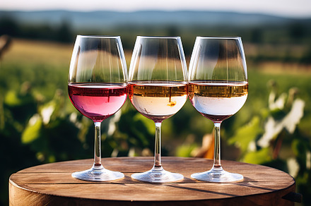 Glasses of red, white and pink wine on vineyard background, a Food & Drink Photo by AlyaAnd