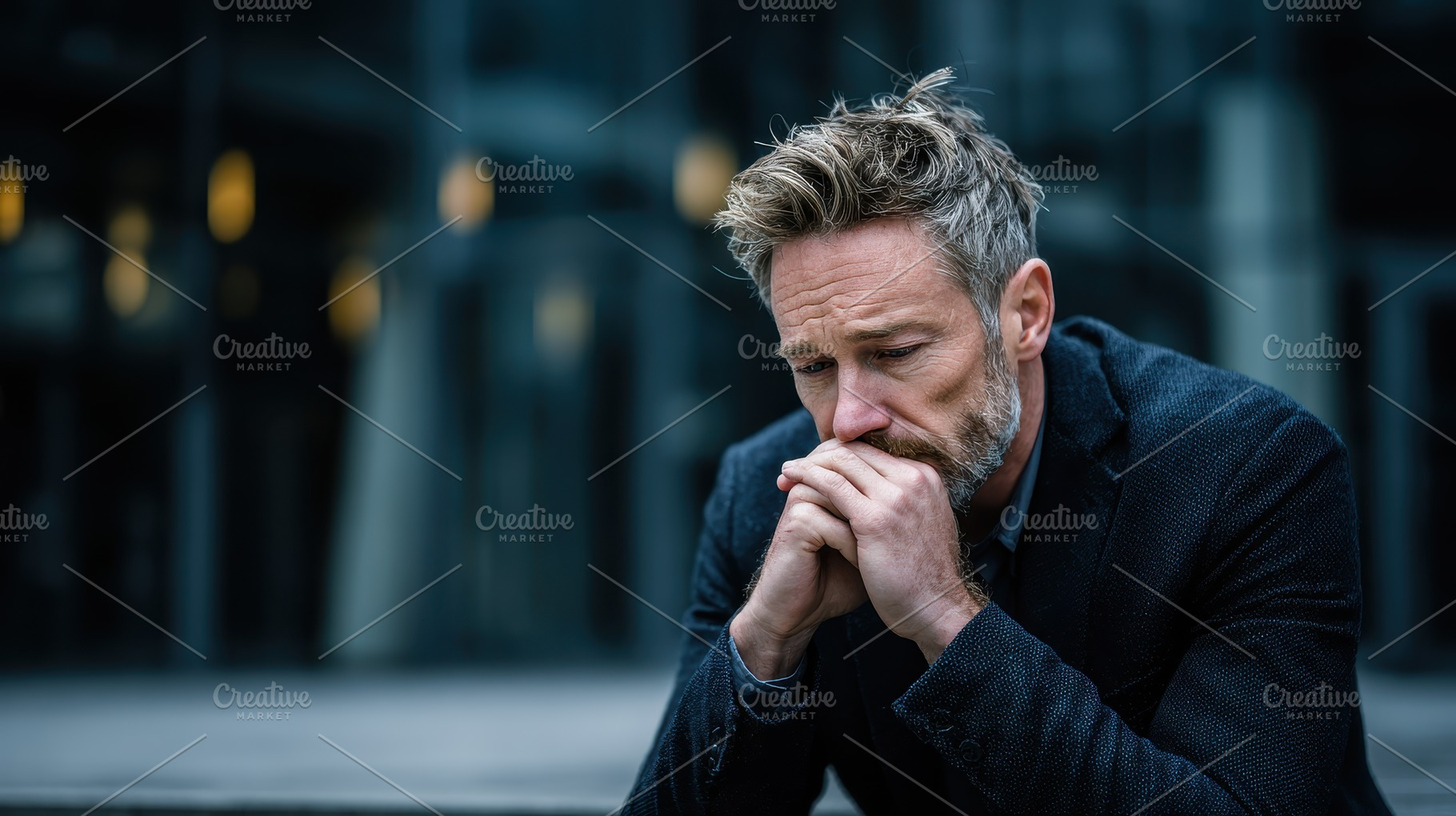 Sad man contemplating outdoors city, a Photo by Pixeness Studio