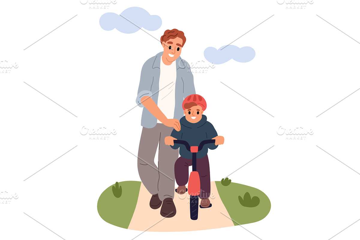 Father teaches his young son how to, an Illustration by Vectorbuum