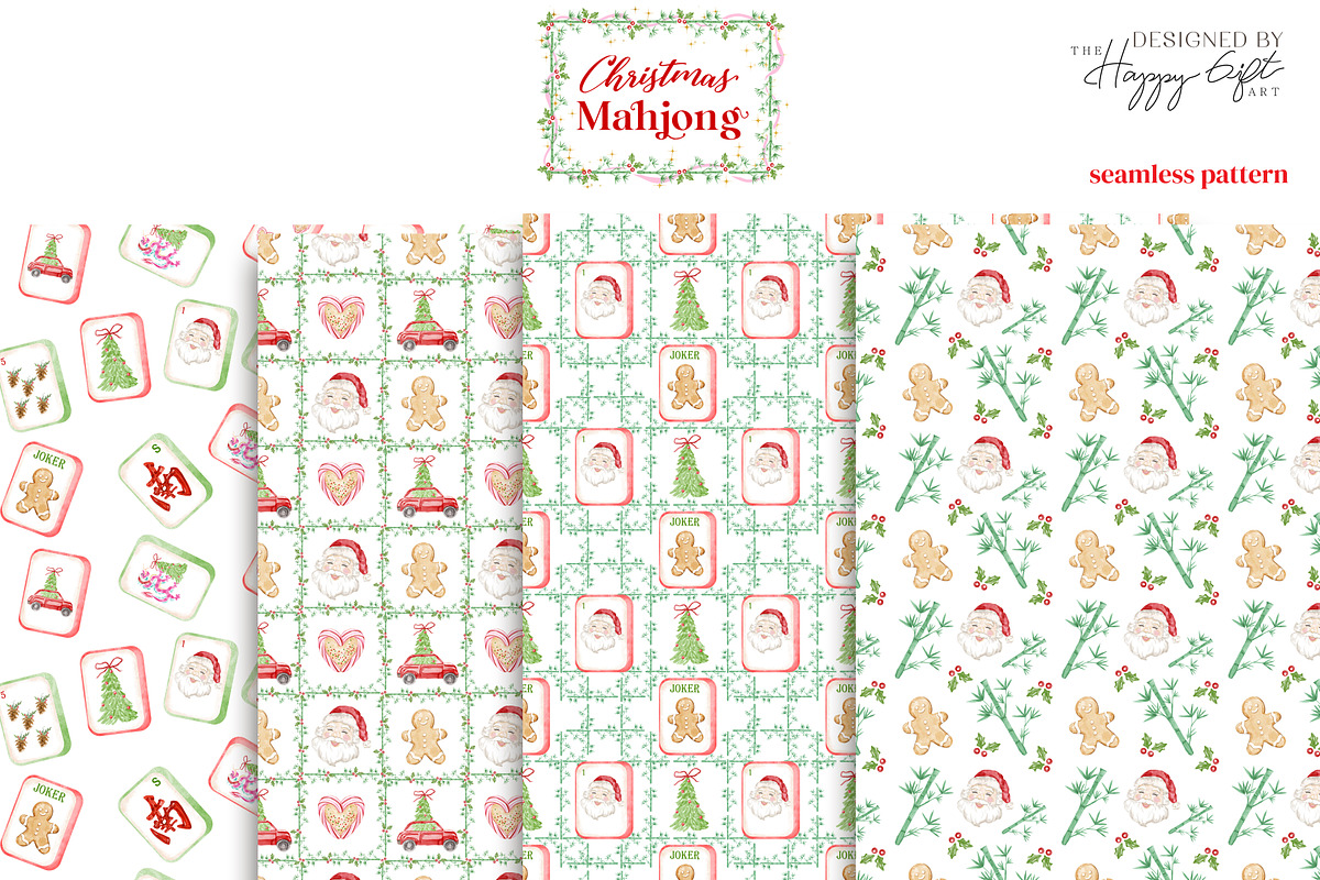 Christmas Mahjong watercolor clipart, a Seasonal Illustration by TheHappyGiftArt (Photo 6 of 8)