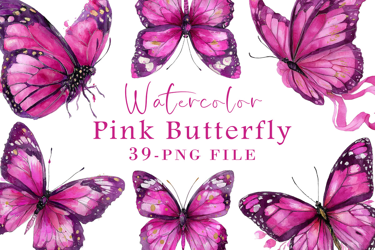 Watercolor Pink Butterfly Clipart, an Illustration by Libby Wishes (Photo 1 of 5)