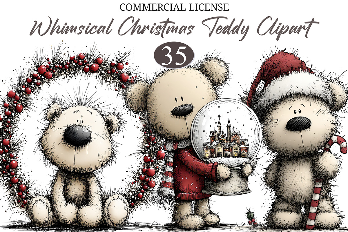 Whimsical Christmas Teddy Clipart, a Seasonal Illustration by designcity5 (Photo 1 of 5)