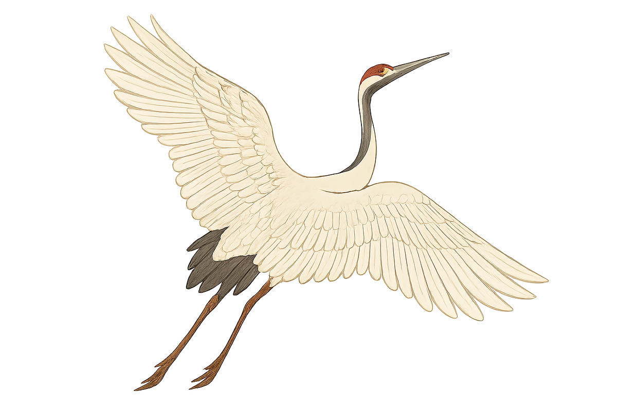 Crane in flight with wings spread, i, an Illustration by Dvoevnore photos