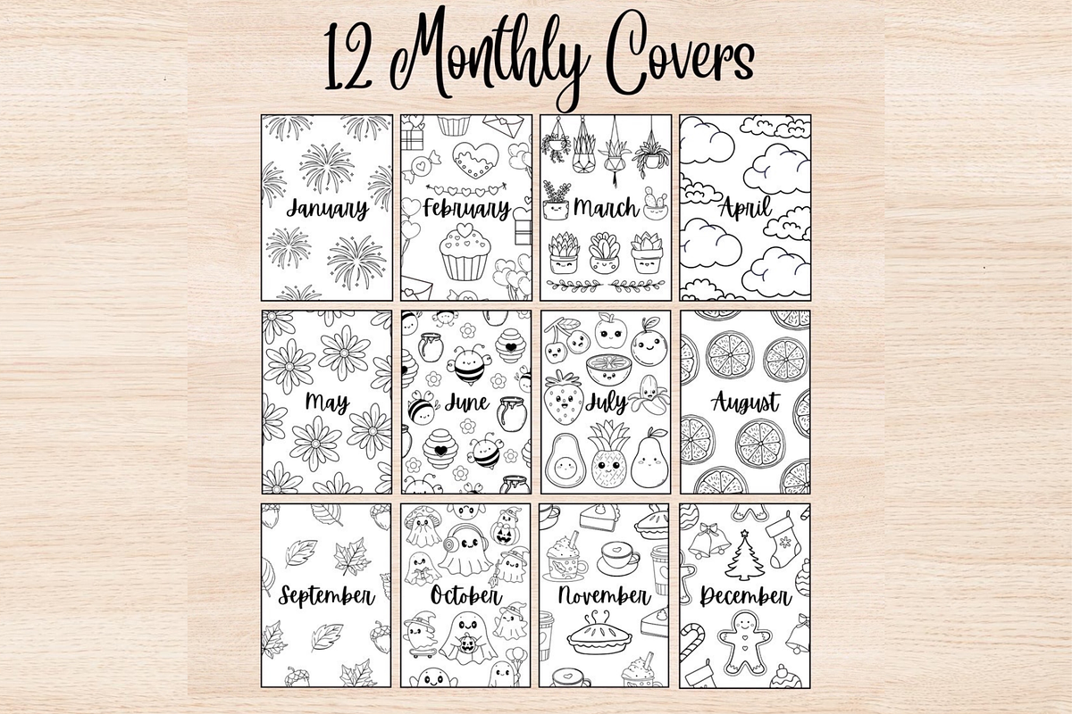 12 Monthly Planner Cover Pages BUJO, a Stationery Template by DigitalDoodlesToday