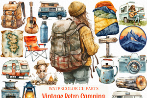 Watercolor Vintage Retro Camping, an Illustration by Craft Nest