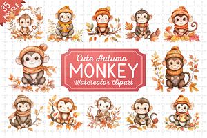 Cute Autumn Monkey Watercolor Bundle