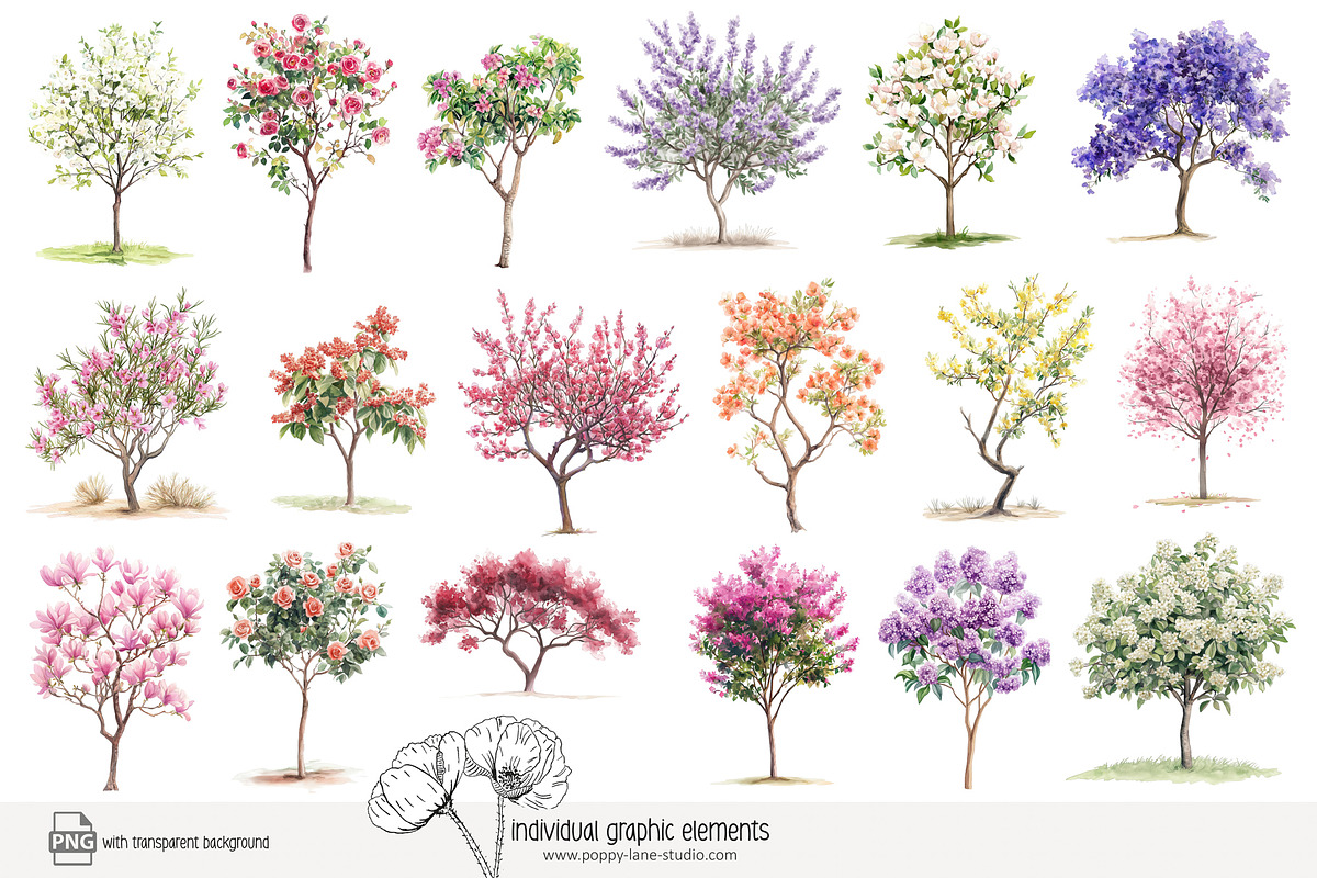 100 watercolor floral trees clip art, a Seasonal Illustration by Poppy Lane Studio (Photo 7 of 12)