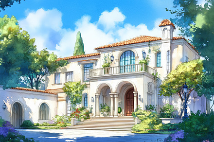 A beautiful Mediterranean Revival house with a tiled roof, surrounded by lush g, an Architecture Photo by Textures & Backgrounds