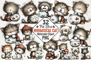 Fishbowl Whimsical Cat Clipart