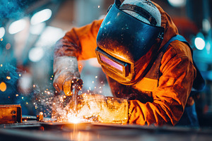 Welder working on metal with sparks flying, an Industrial Photo by AlyaAnd