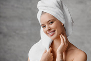 Home skincare concept. Portrait of pretty woman with perfect skin smiling at ca, a Photo by Prostock-Studio (Thumbnail 1 of 2)
