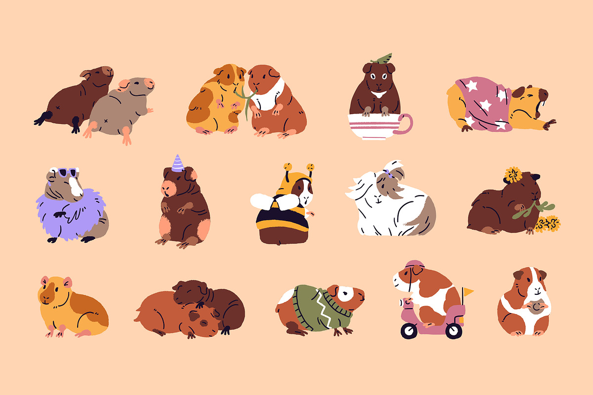 Funny guinea pigs set + patterns, an Animal Illustration by PaperTrident (Photo 1 of 5)