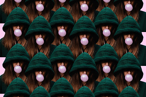 girl inflates chewing gum. bubble of
