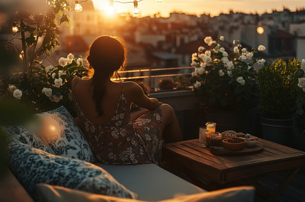 Woman Relaxing on Cozy Balcony at Sunset, an Abstract Photo by Natalia Klenova's Shop