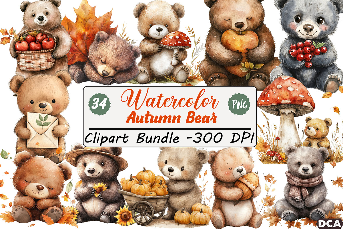 Watercolor Autumn Bear Clipart, an Illustration by DreamCafeArt (Photo 1 of 9)