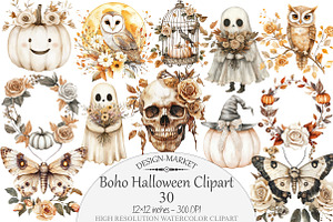 Boho Halloween Watercolor Clipart, a Seasonal Illustration by Design Market