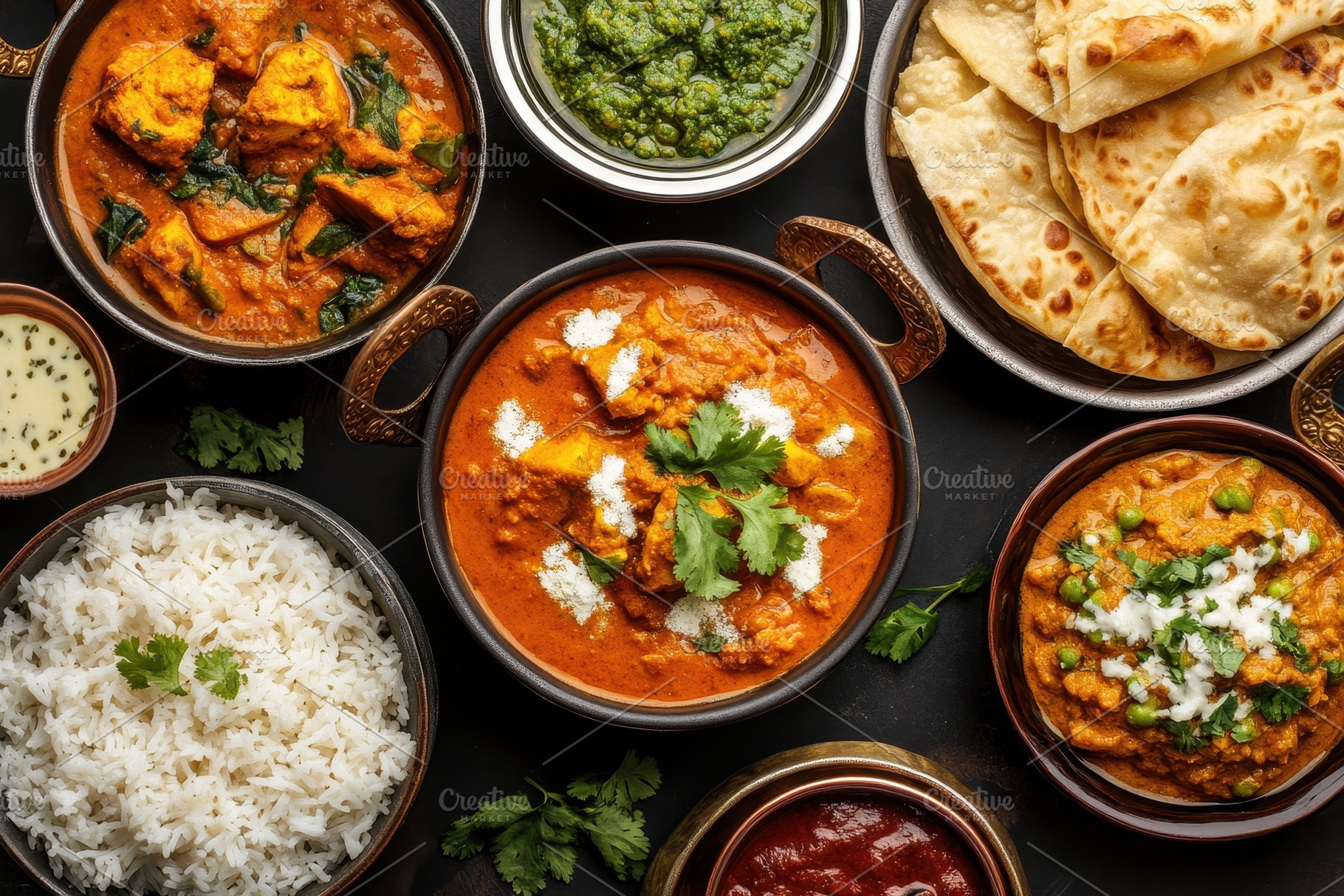 Bowls of delicious Indian food, a Photo by Pavel_design