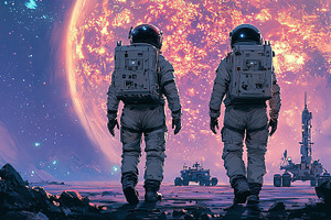 Two Astronauts Confidently Walking On An Alien Planet Surface