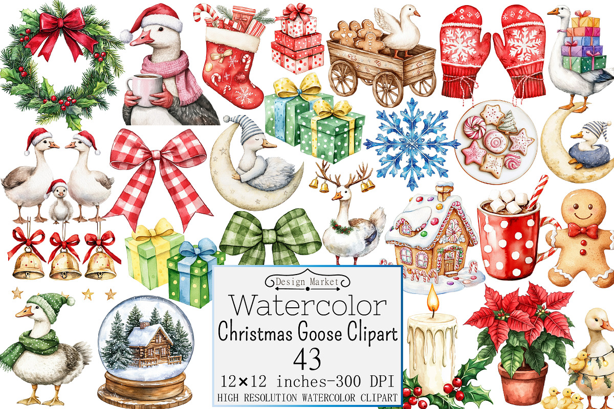 Watercolor Christmas Goose Clipart, a Seasonal Illustration by Design Market (Photo 1 of 5)