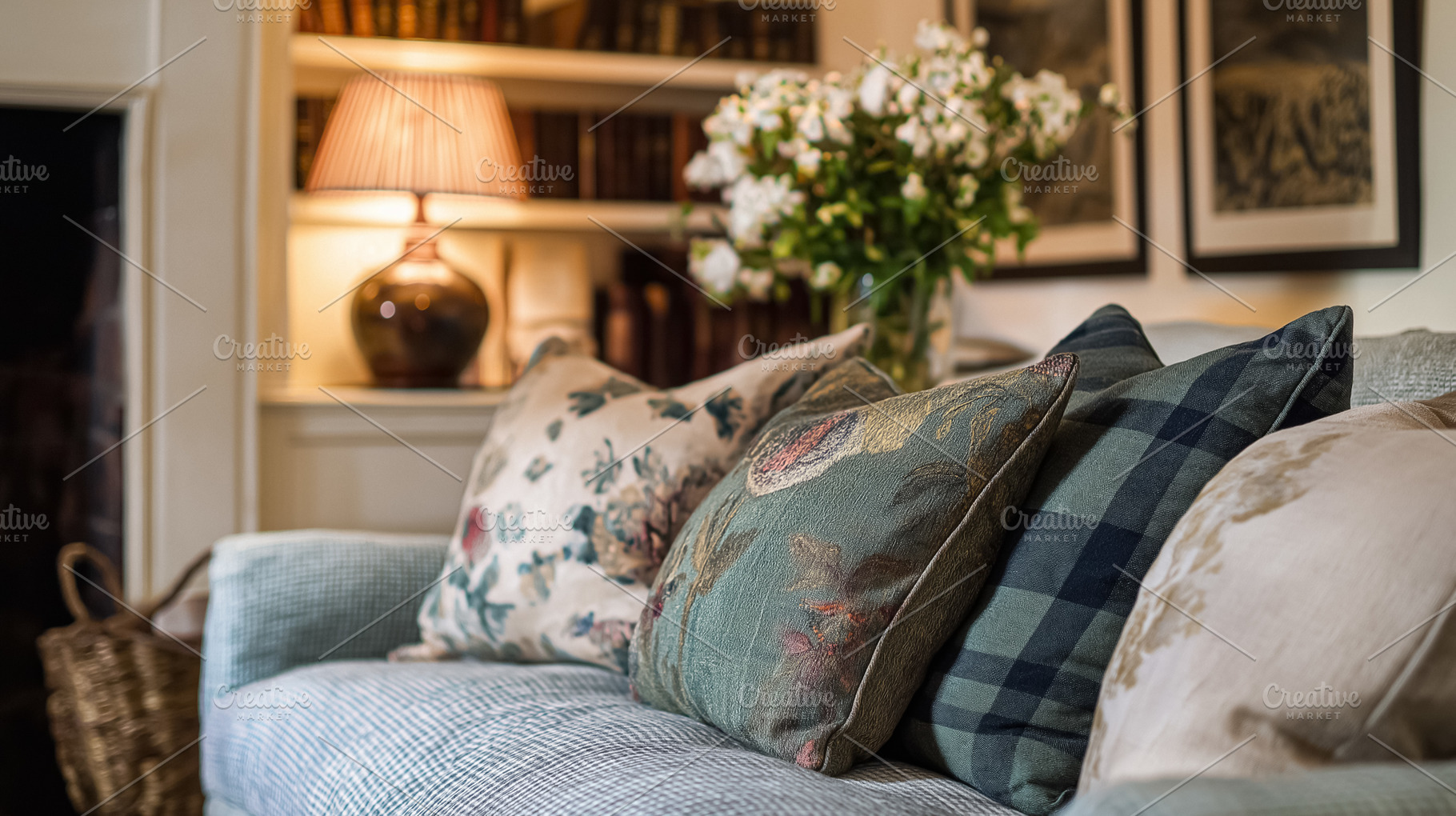 Comfortable sofa featuring patterned throw pillows, a warm lamp, and fresh flow, an Architecture Photo by Studio ANNA