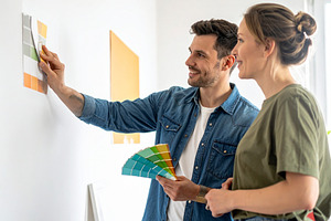 Home decorator showing wall paint samples to homeowners inside a, a Person Photo by DanFLCreativo