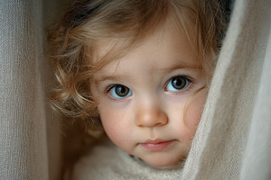 Toddler girl peeking through beige f, an Abstract Photo by Pixeness Studio