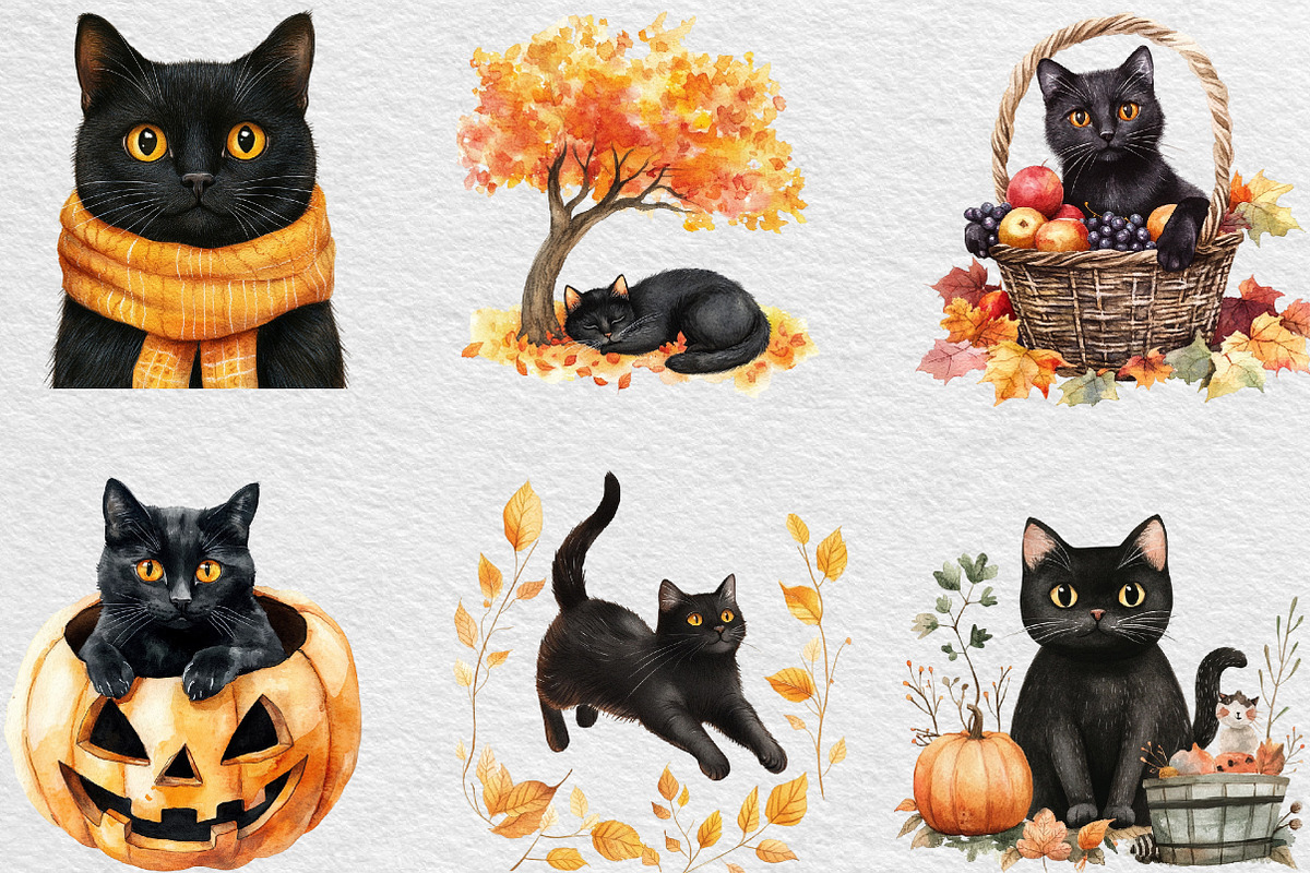 Fall Autumn Black Cat Clipart, an Illustration by Black Bird Studio (Photo 2 of 6)