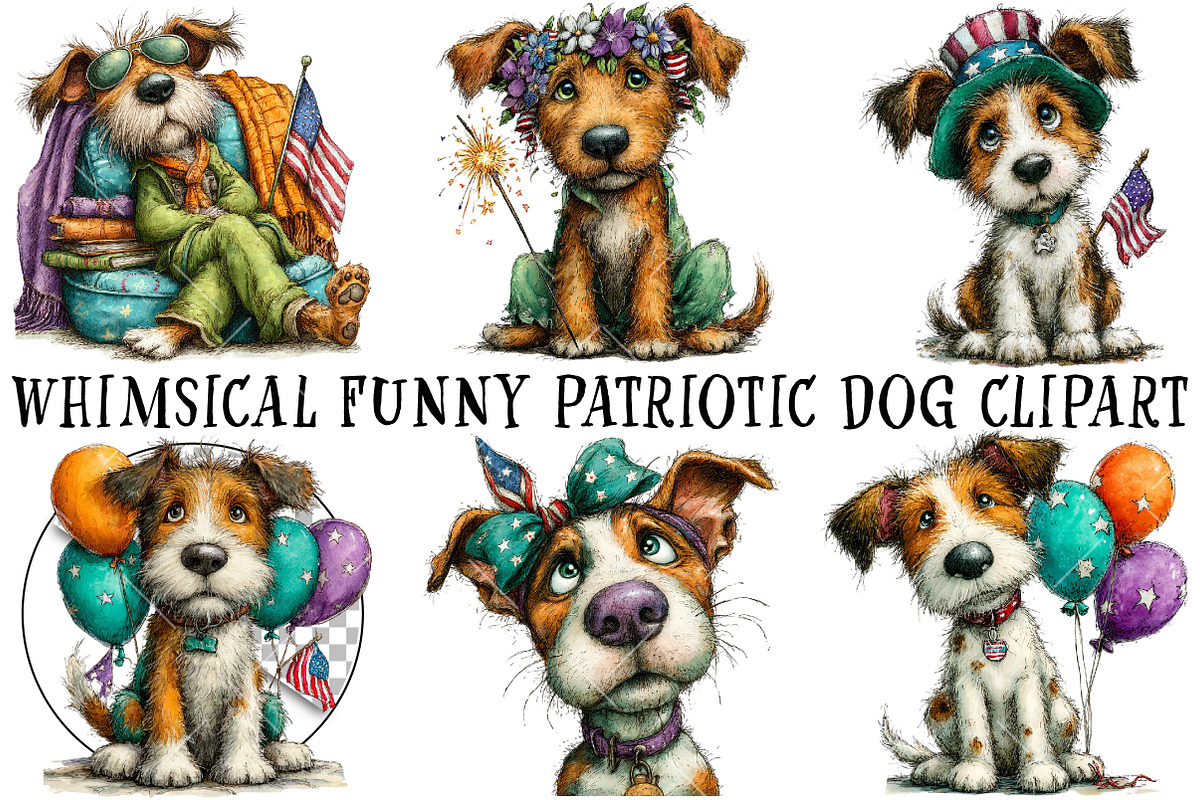Whimsical Funny Patriotic Dog Clipar, an Illustration by OK Design (Photo 2 of 6)