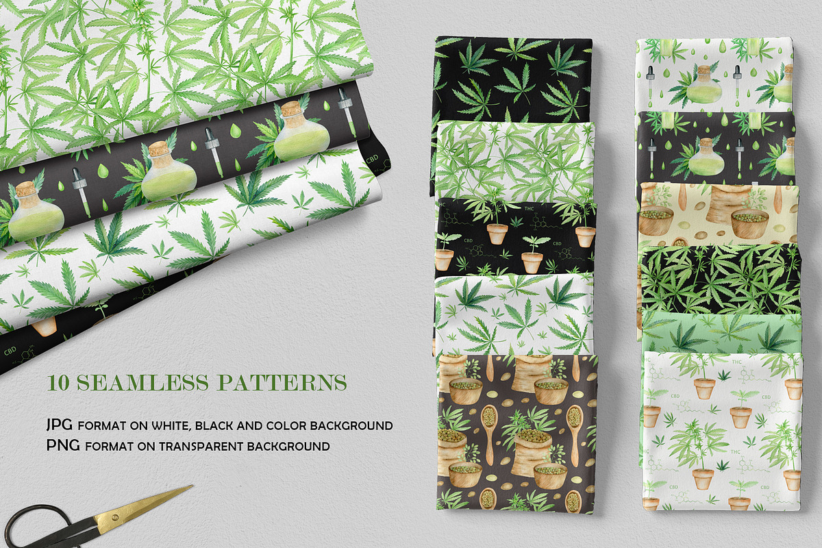 Cannabis watercolor set, an Illustration by svetodesign (Photo 6 of 8)