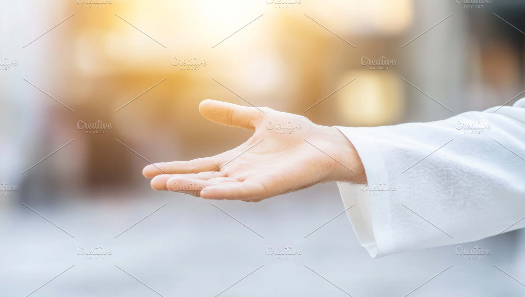 Hand of Jesus reaching out with light in spiritual scene, copy s, a Photo by Dvoevnore photos