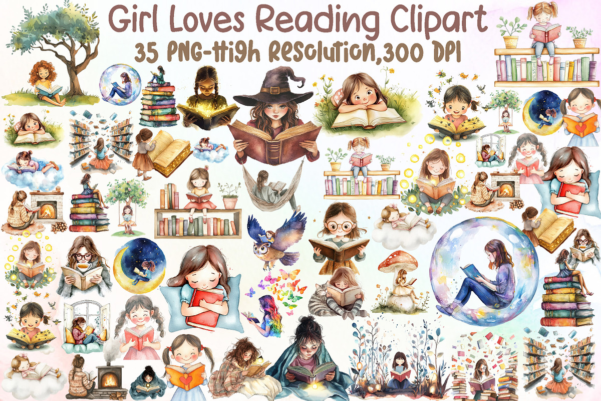 Girl Loves Reading Clipart, an Illustration by Sublimation Artist (Photo 1 of 6)