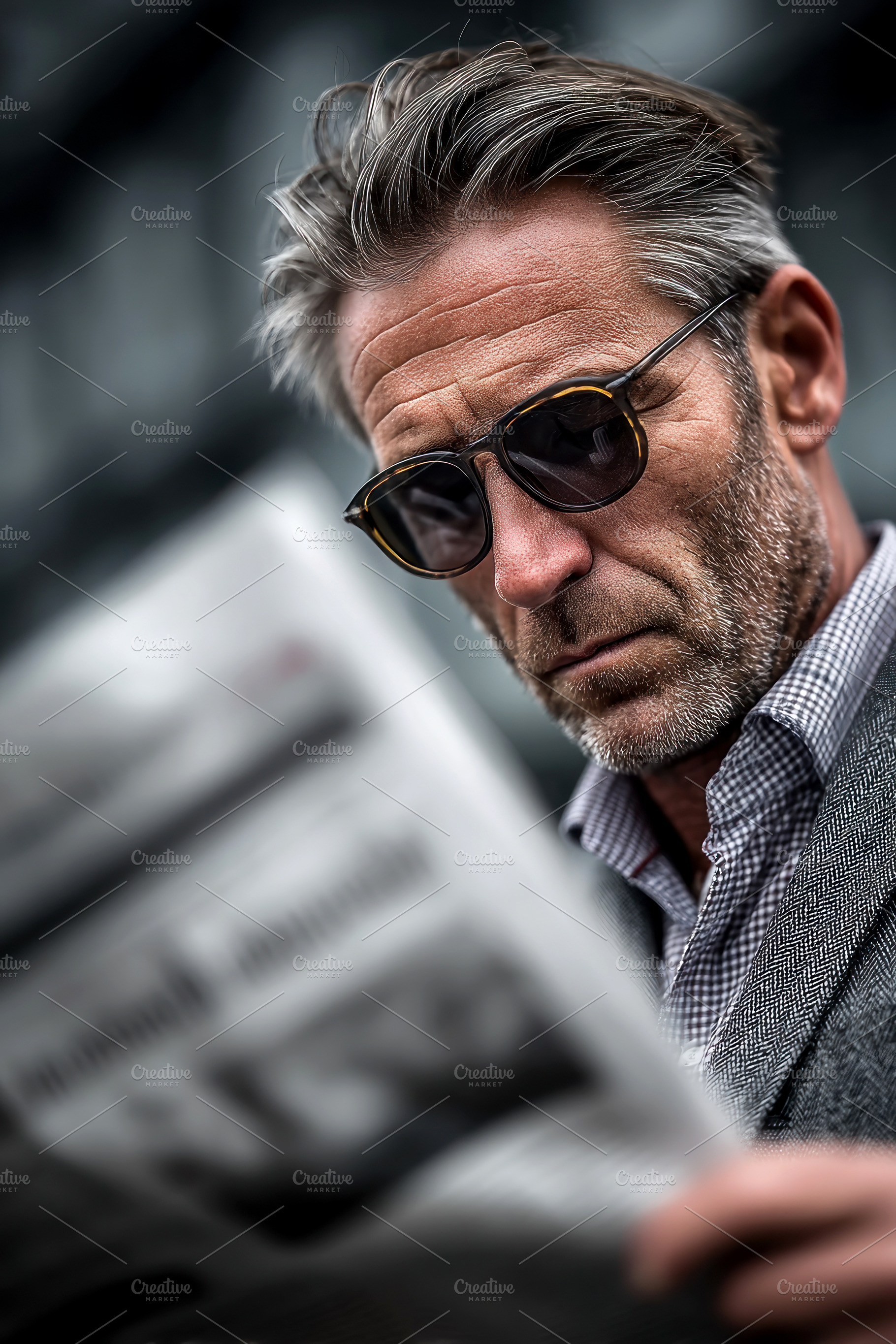 Stylish mature man with sunglasses reading a newspaper outdoors, a Photo by José Manuel Gelpi