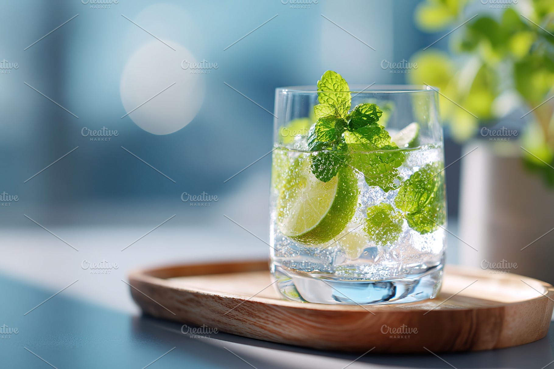 Refreshing cocktail with lime and mint served on a wooden tray in a bright sett, a Food & Drink Photo by AlyaAnd