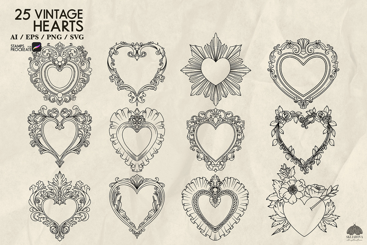 Vintage Valentine line art, a Decorative Illustration by Skliarova (Photo 5 of 5)
