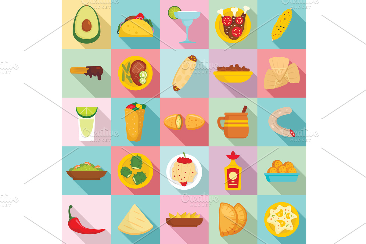 Mexican food icon set, flat style, a Food Illustration by Ylivdesign