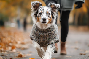 Dog in Sweater on Autumn Walk, an Animal Photo by Pixeness Studio