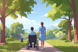 Caregiver walking with patient in wheelchair outdoors, a Healthcare Illustration by DanFLCreativo