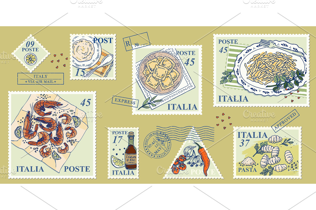 Italian pasta and seafood postage, an Object Illustration by Zimages (Photo 1 of 3)