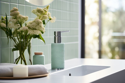 A vase of flowers sitting on top of a bathroom sink. Generative AI image., a Photo by tilialucida