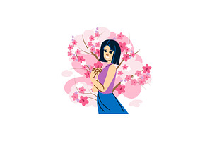 Young woman enjoying blooming sakura, an Object Illustration by pikepicture