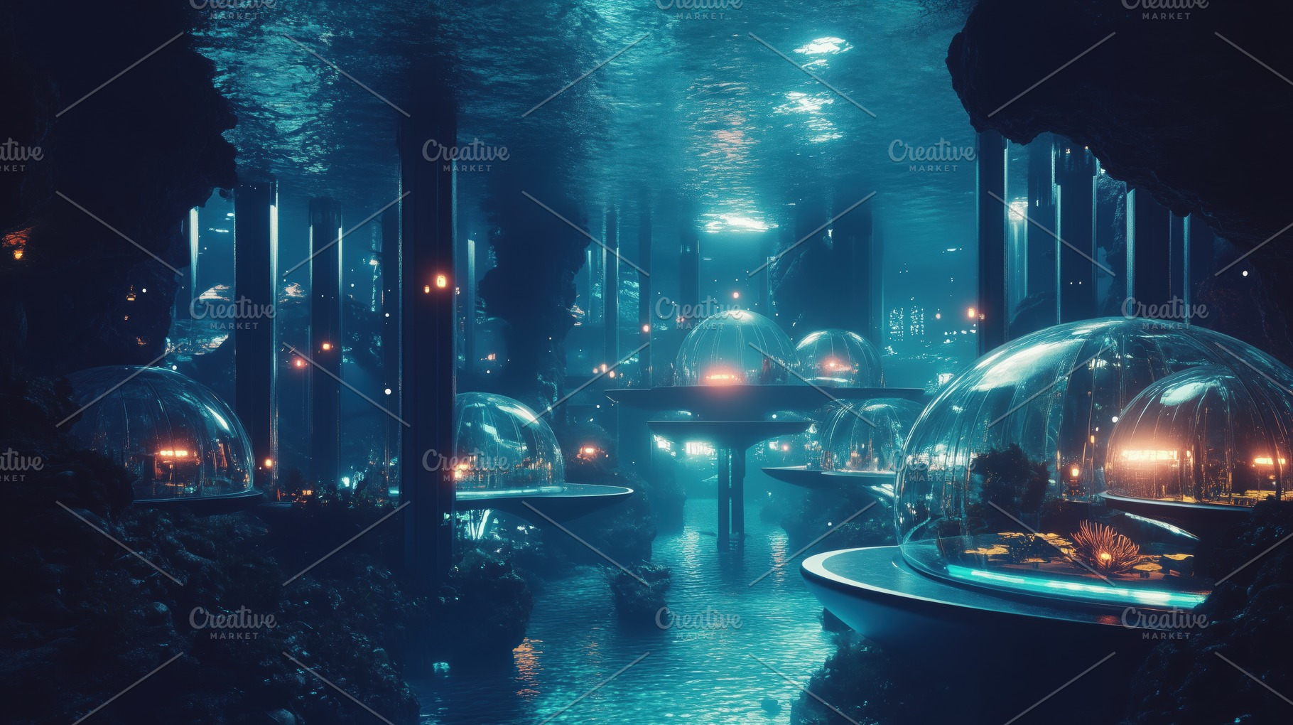 A futuristic underwater city with glass domes, illuminated by soft blue lights., an Arts & Entertainment Photo by Textures & Backgrounds
