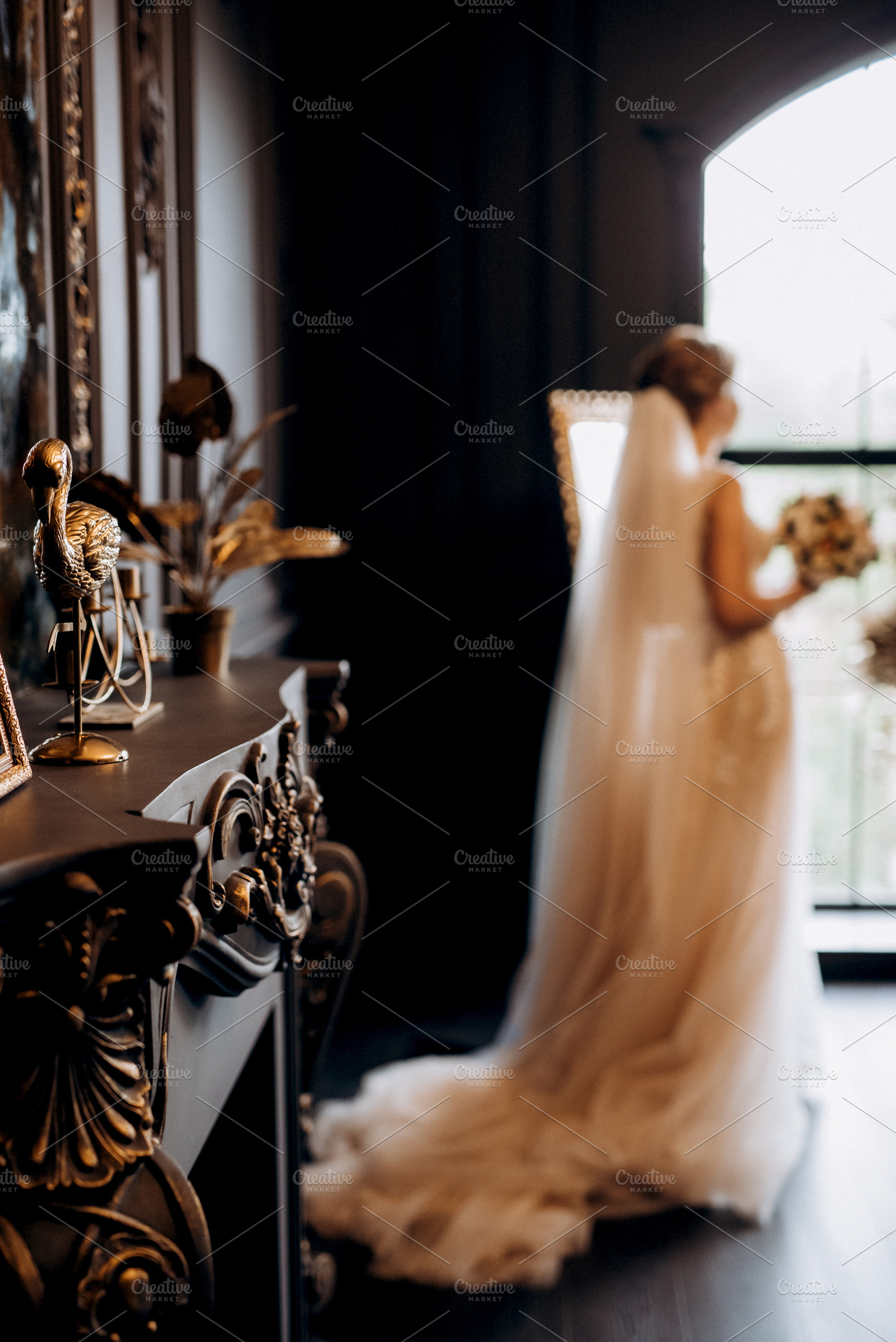 bride in lavender fluffy wedding dress in bright studio, a Person Photo by Weddings, People, Travel