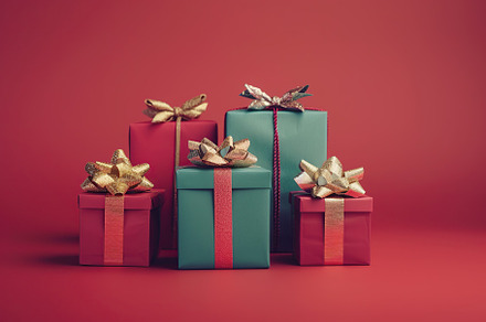 Colorful christmas gift boxes with ribbon bows on red background, a Holiday Photo by AlyaAnd